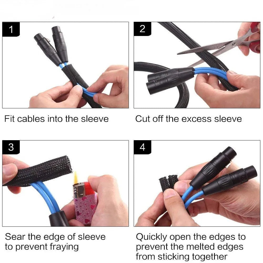 Black self-winding automotive wire protector sleeve showing expandable mesh construction for cable organisation