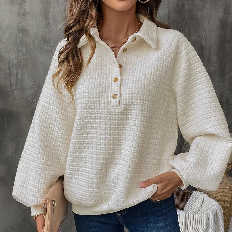 Women's beige texture polo collar solid colour pullover sweater on a hanger.