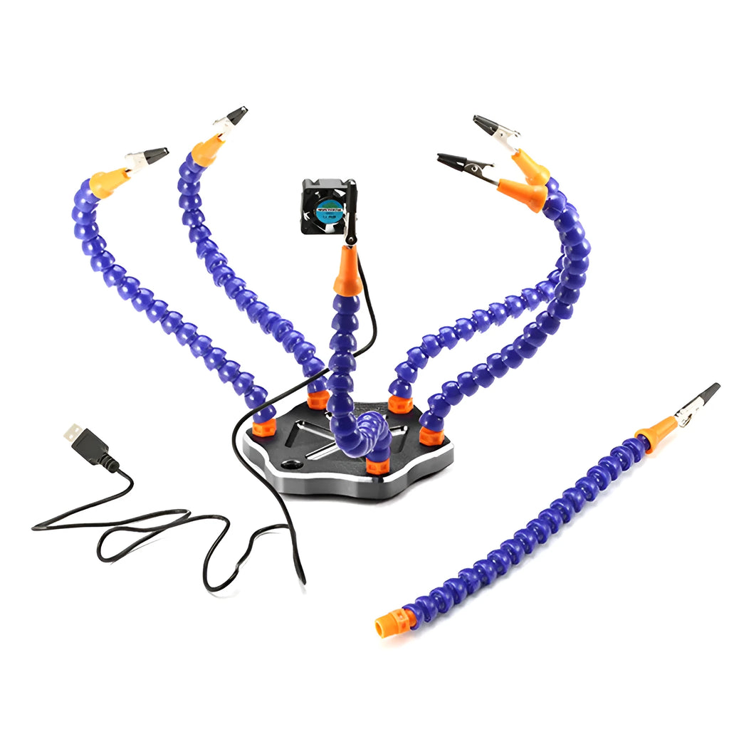 Black and purple aluminium six-jaw welding station with seven auxiliary arms for model repair soldering