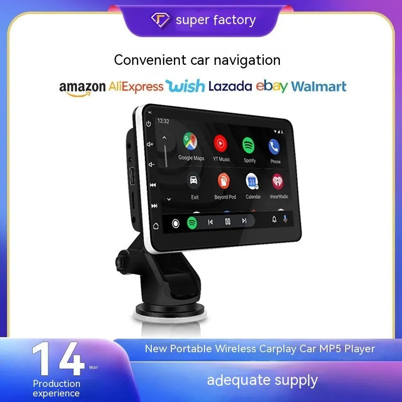 7-inch car GPS navigation unit with wireless CarPlay on a plastic housing, shown with suction cup and adhesive mounting brackets.