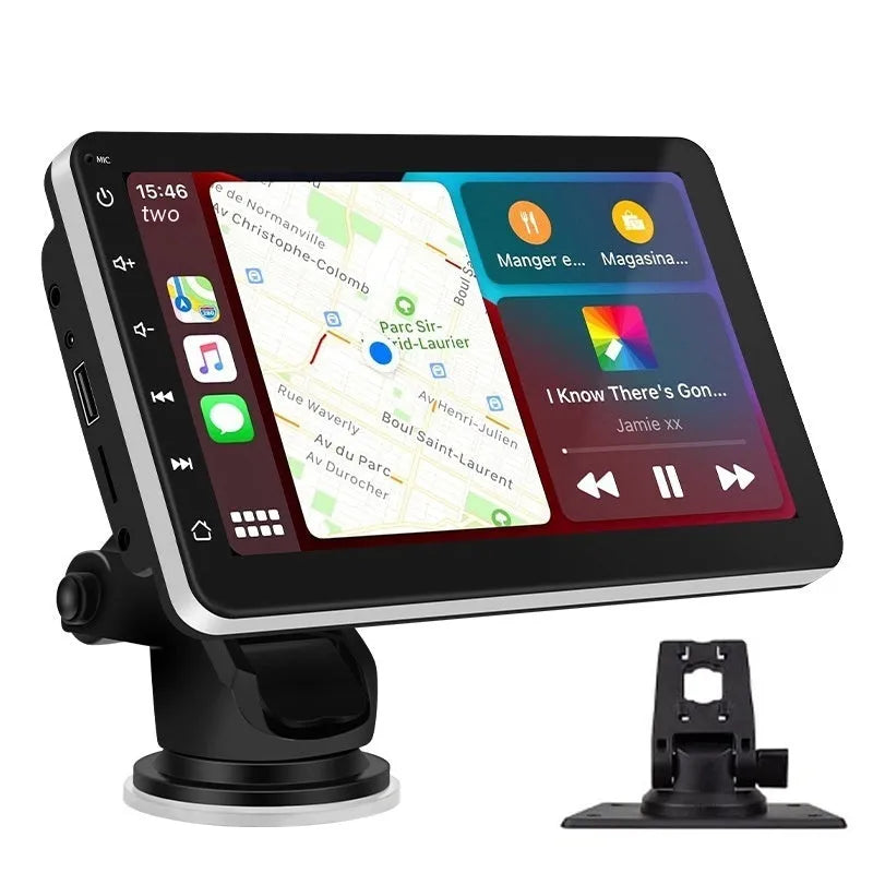 7-inch car GPS navigation unit with wireless CarPlay on a plastic housing, shown with suction cup and adhesive mounting brackets.