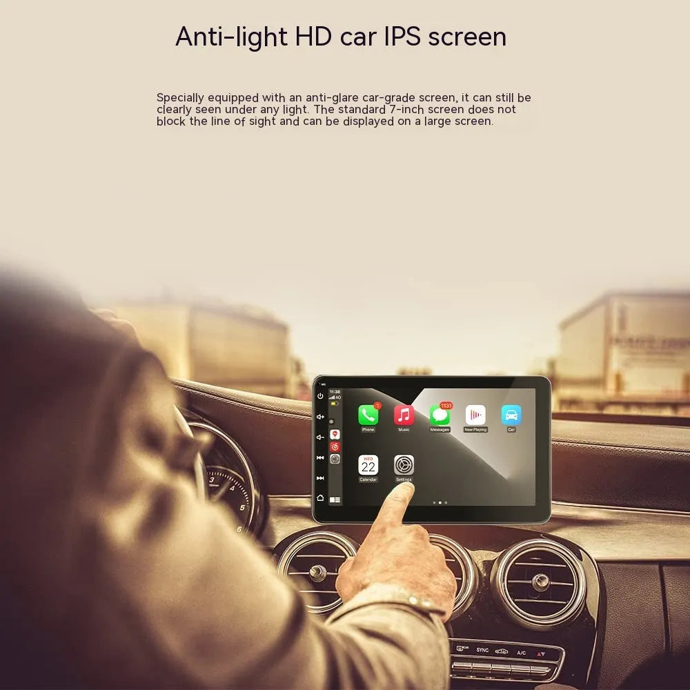 7-inch car GPS navigation unit with wireless CarPlay on a plastic housing, shown with suction cup and adhesive mounting brackets.