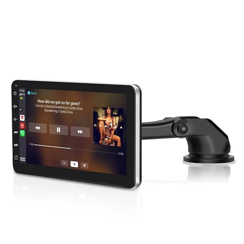 7-inch car GPS navigation unit with wireless CarPlay on a plastic housing, shown with suction cup and adhesive mounting brackets.