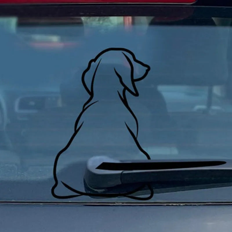 Cartoon dog car window decal with wiper tail attachment in black and white colour options