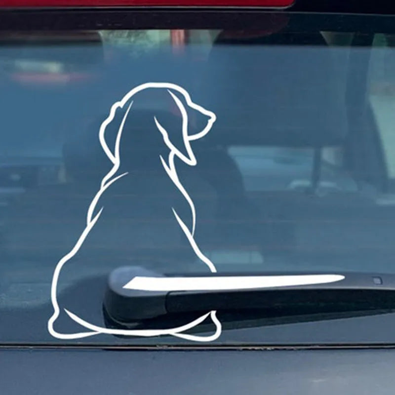 Cartoon dog car window decal with wiper tail attachment in black and white colour options