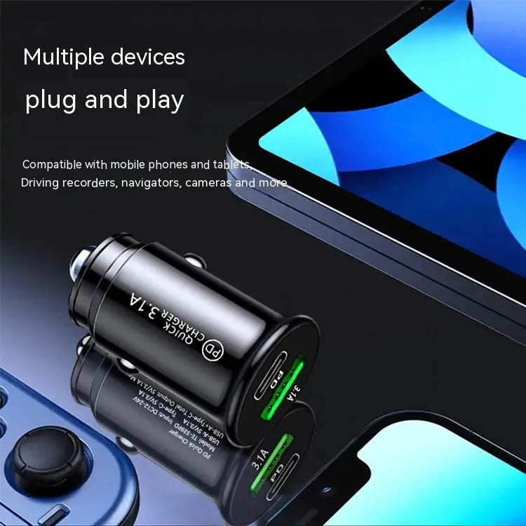 Dual-port car charger converter in black or white bare metal for vehicle charging
