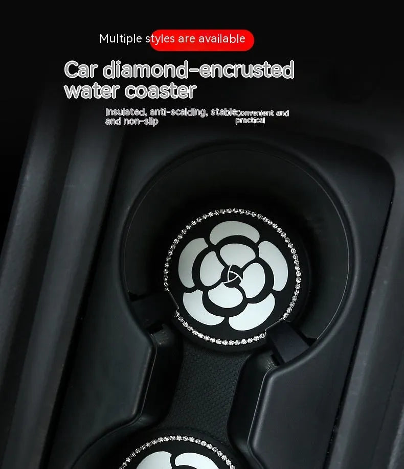 Black and white checkerboard PVC car cup holder mat inserted into vehicle centre console slot