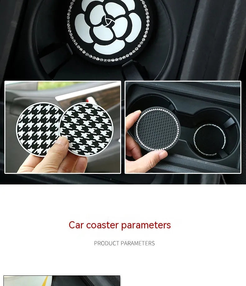Black and white checkerboard PVC car cup holder mat inserted into vehicle centre console slot
