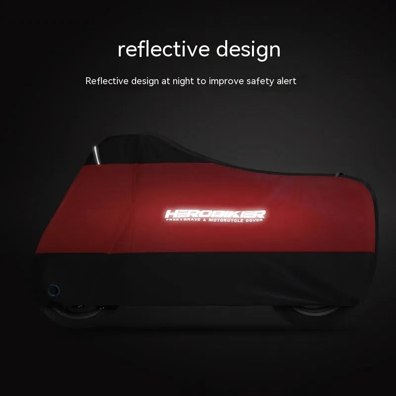 Black polyester motorcycle cover on electric vehicle showing rain protection and heat insulation features