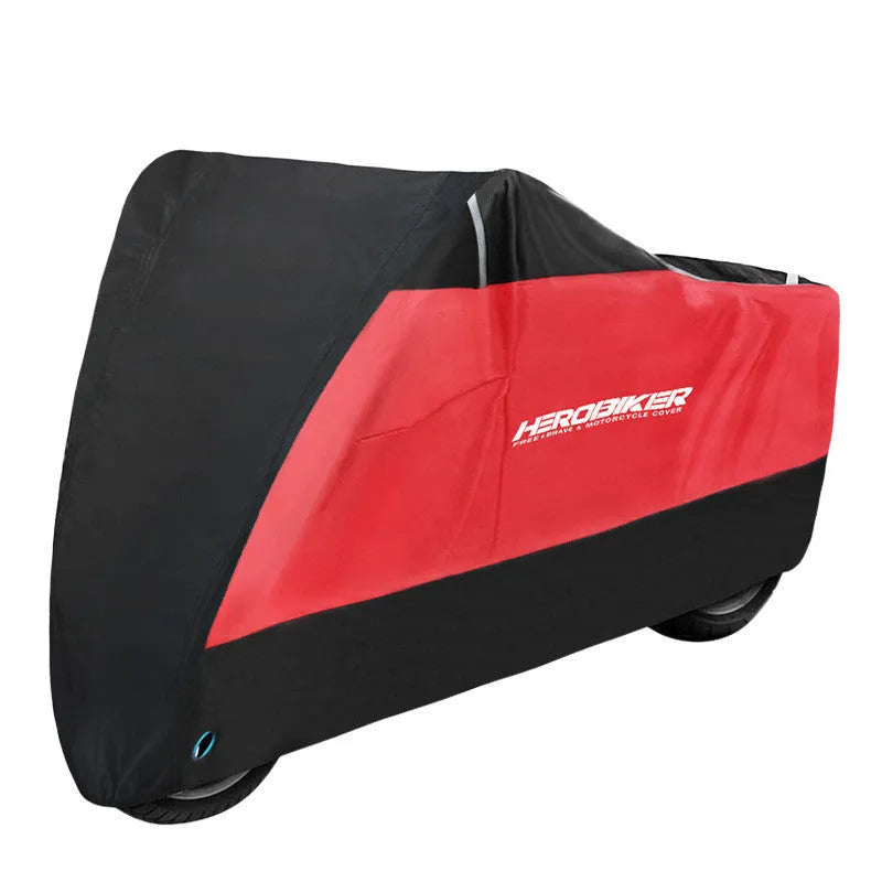 Black polyester motorcycle cover on electric vehicle showing rain protection and heat insulation features