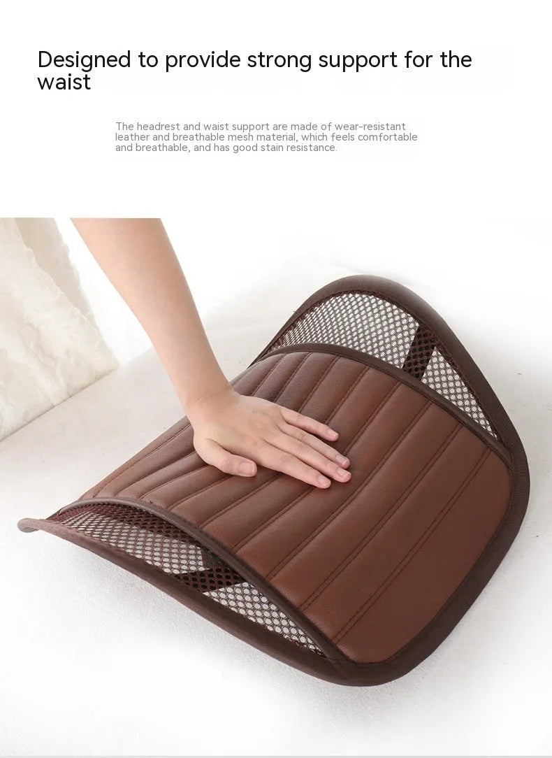Leather car seat lumbar support cushion in five colour options including sapphire blue and amber brown