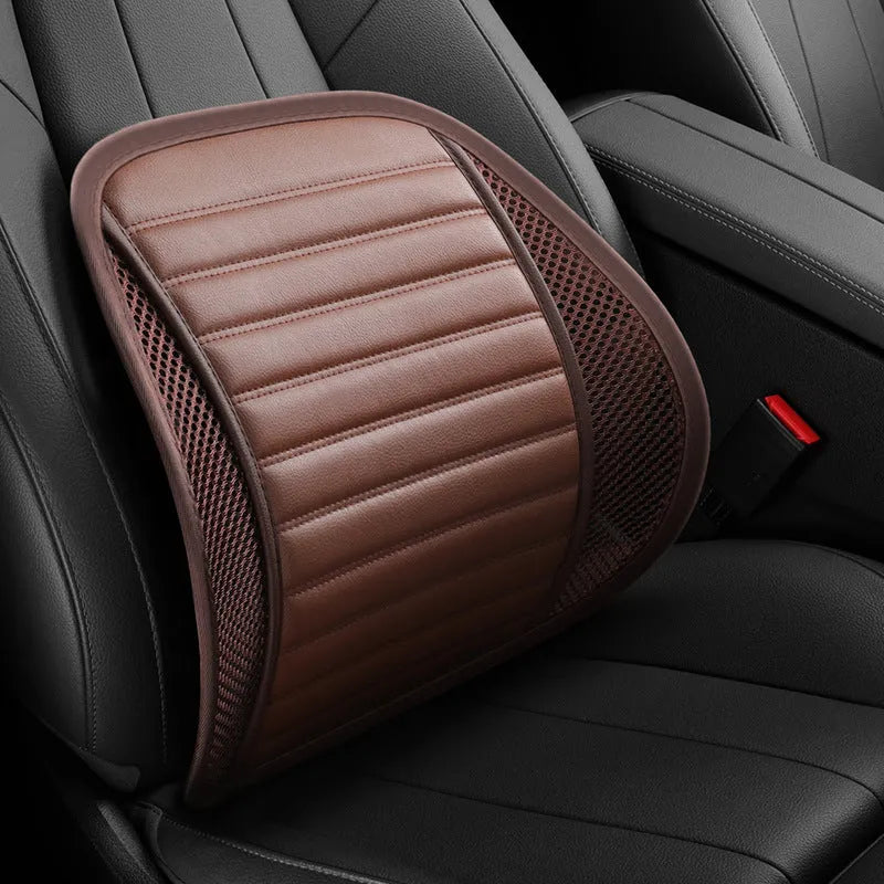 Leather car seat lumbar support cushion in five colour options including sapphire blue and amber brown