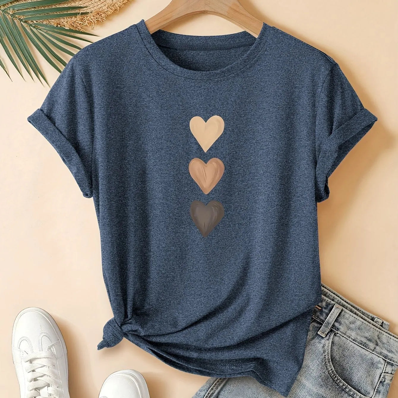 Women's art retro print cotton t-shirt in dark grey, showing short sleeves and round neck.