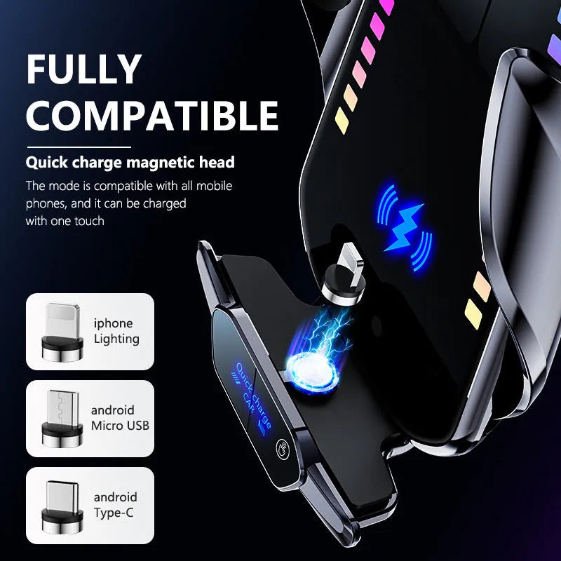 Car mobile phone holder with wireless charging and automated clamping in silver finish