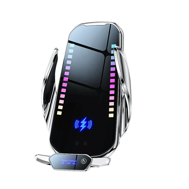Car mobile phone holder with wireless charging and automated clamping in silver finish