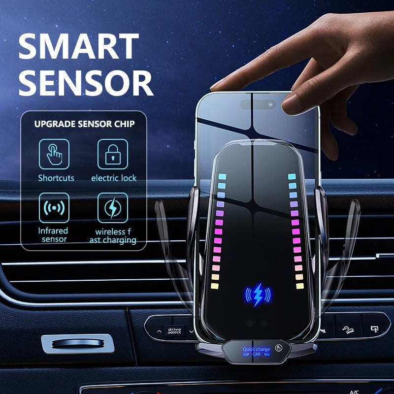 Car mobile phone holder with wireless charging and automated clamping in silver finish