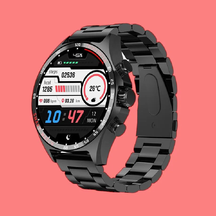 Smart watch in black, silver, or gold with health monitoring display showing heart rate and step count