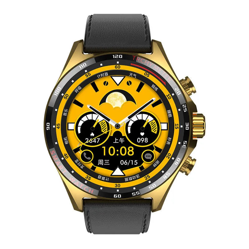 Smart watch in black, silver, or gold with health monitoring display showing heart rate and step count