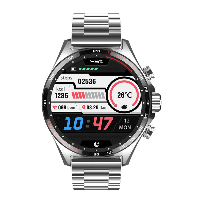 Smart watch in black, silver, or gold with health monitoring display showing heart rate and step count