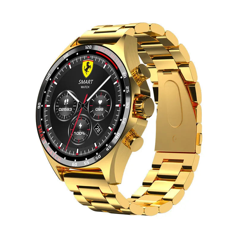 Smart watch in black, silver, or gold with health monitoring display showing heart rate and step count