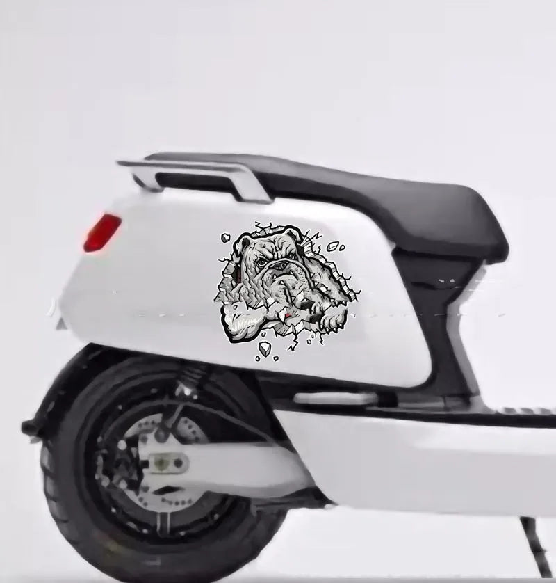 Grey Dog pattern motorcycle bumper sticker measuring 17x17cm with customisable length options