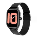 Black Bluetooth smart watch with touch screen displaying heart rate and health metrics