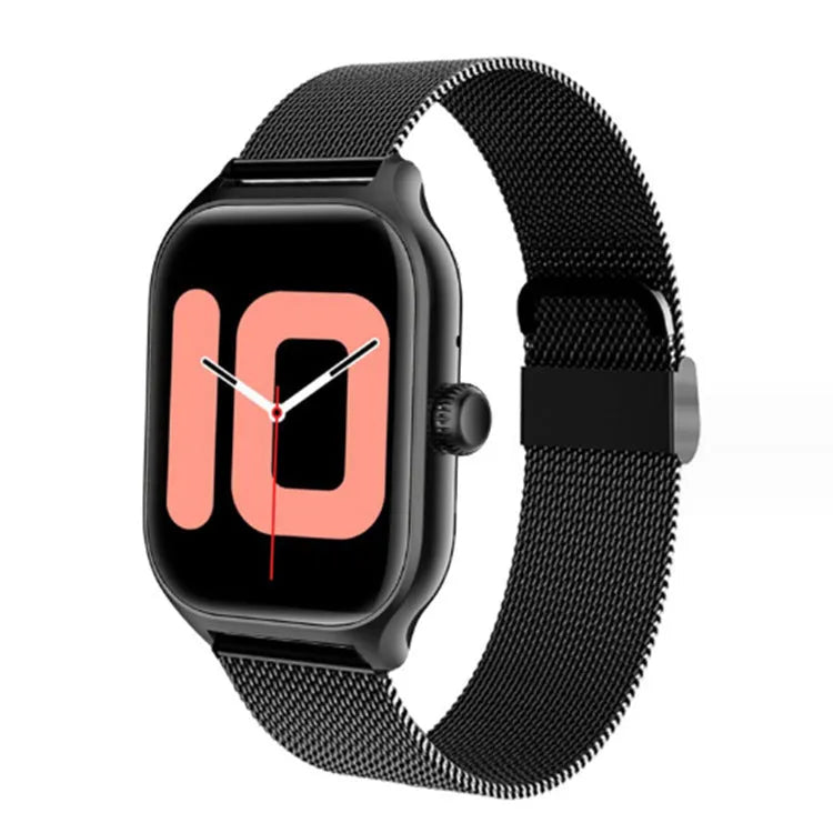 Black Bluetooth smart watch with touch screen displaying heart rate and health metrics