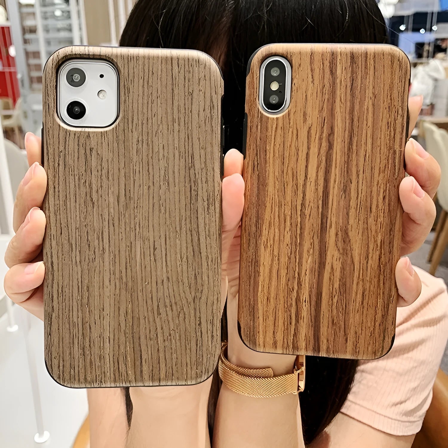 Wooden iPhone case showing rosewood, teak, black rose and walnut finish options with simple back cover design