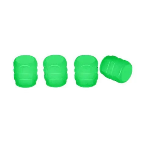 Pack of multicolour LED luminous tyre valve caps on a car wheel valve stem.