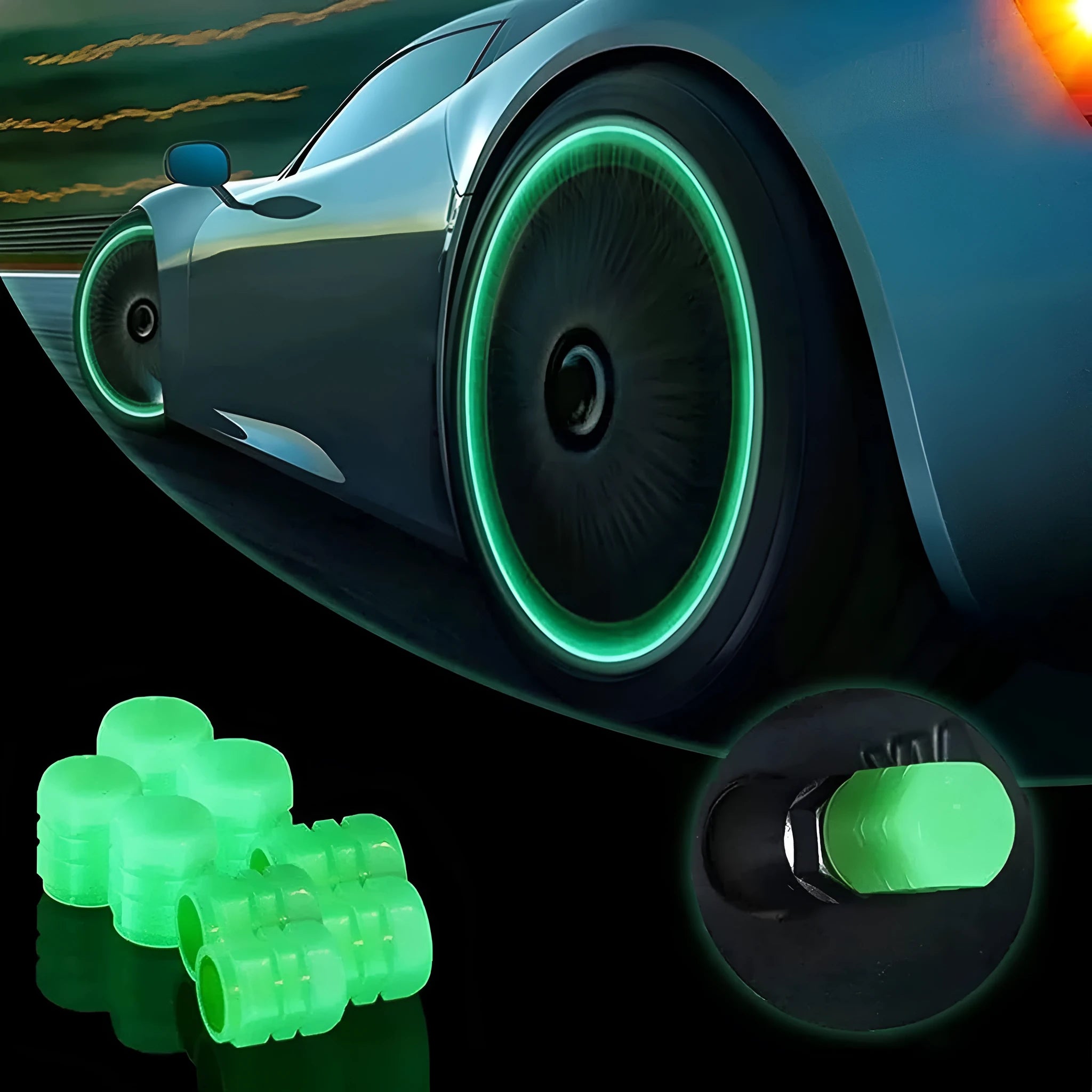 Pack of multicolour LED luminous tyre valve caps on a car wheel valve stem.