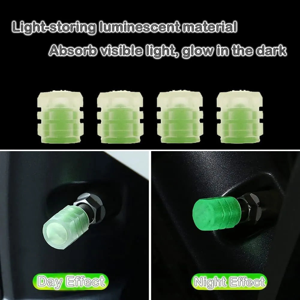 Pack of multicolour LED luminous tyre valve caps on a car wheel valve stem.