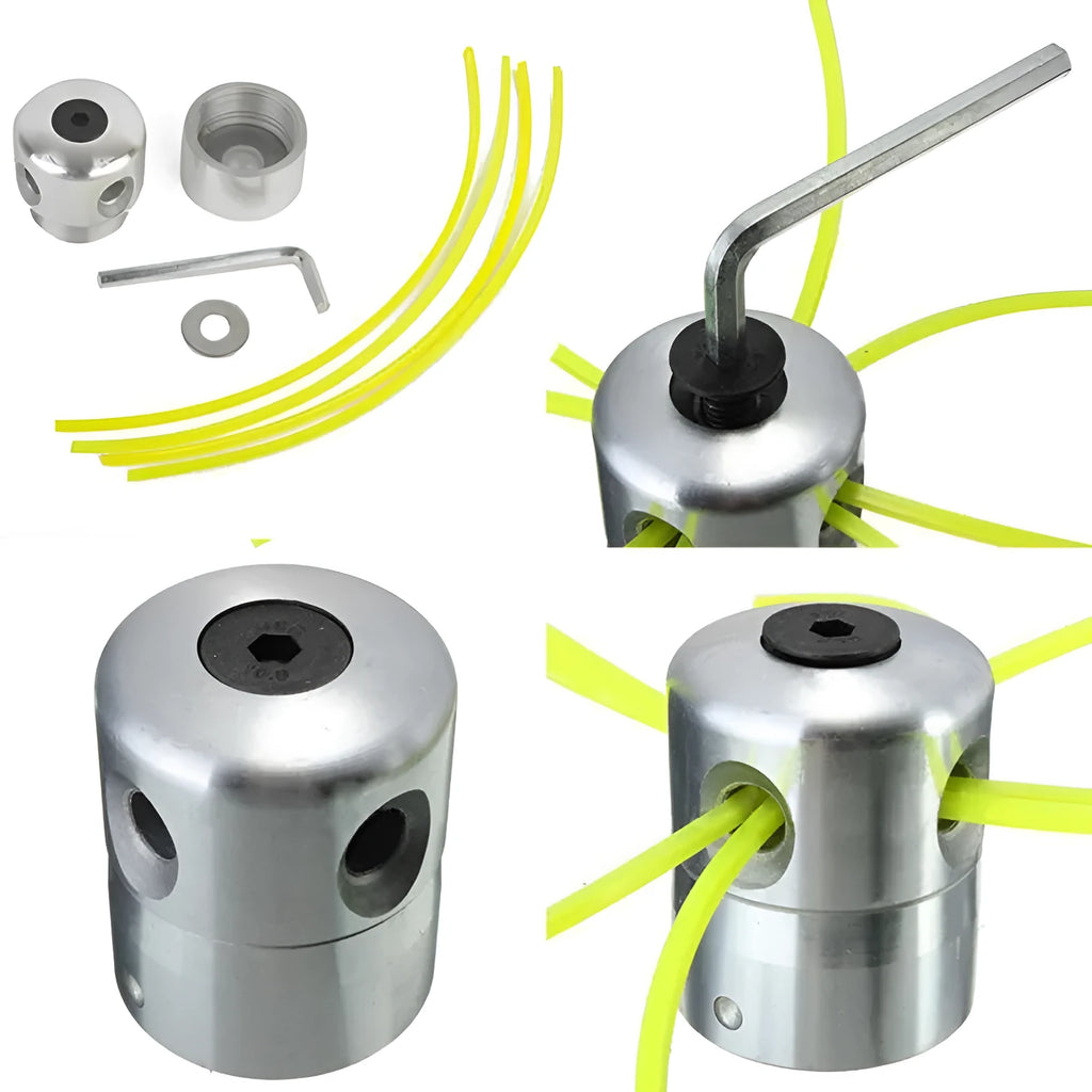Lawn mower replacement trimmer line pack with silver aluminium head and four light yellow cutting strings