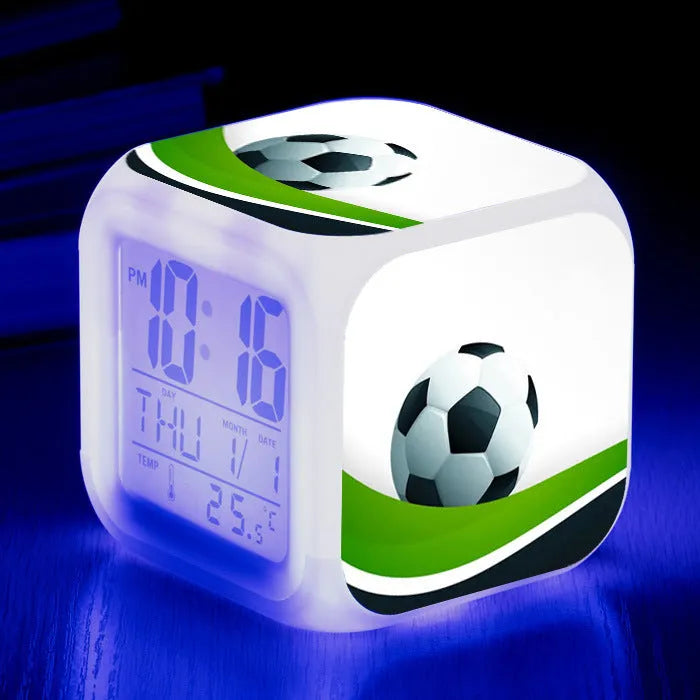 Colourful cartoon football pattern square alarm clock with mute function and USB cable