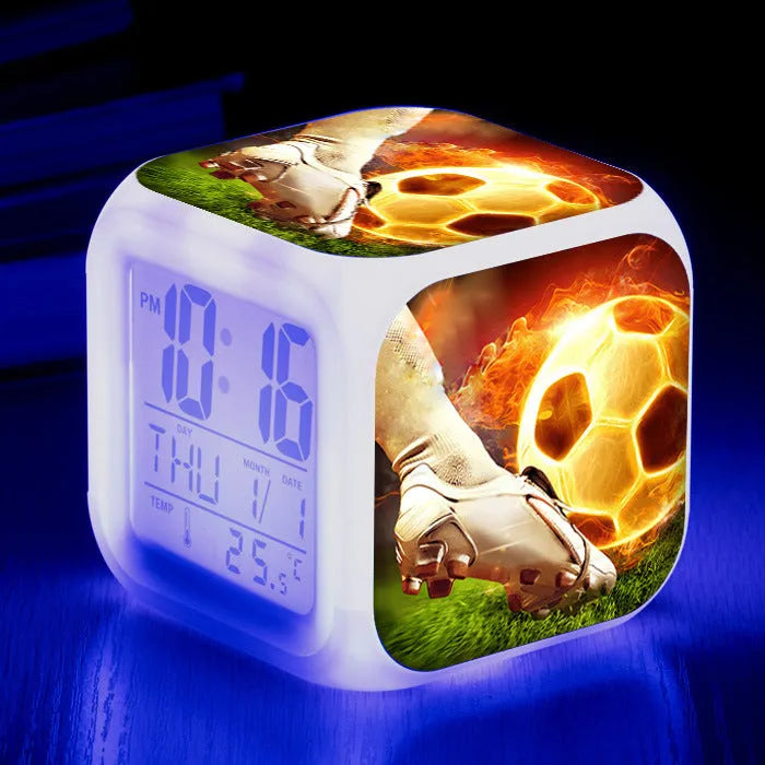 Colourful cartoon football pattern square alarm clock with mute function and USB cable