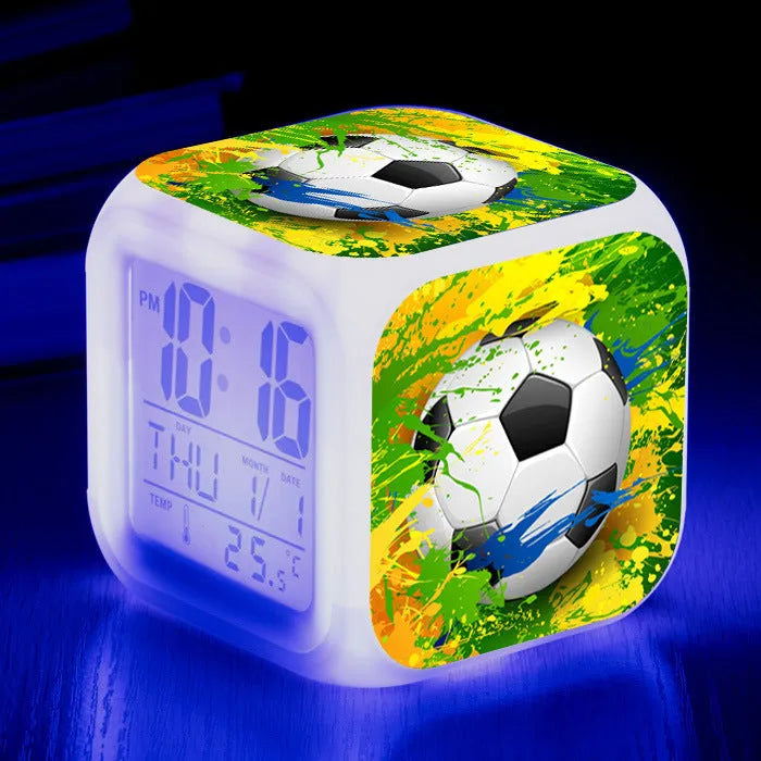 Colourful cartoon football pattern square alarm clock with mute function and USB cable