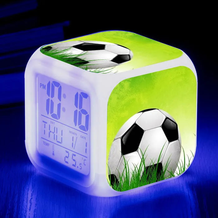 Colourful cartoon football pattern square alarm clock with mute function and USB cable