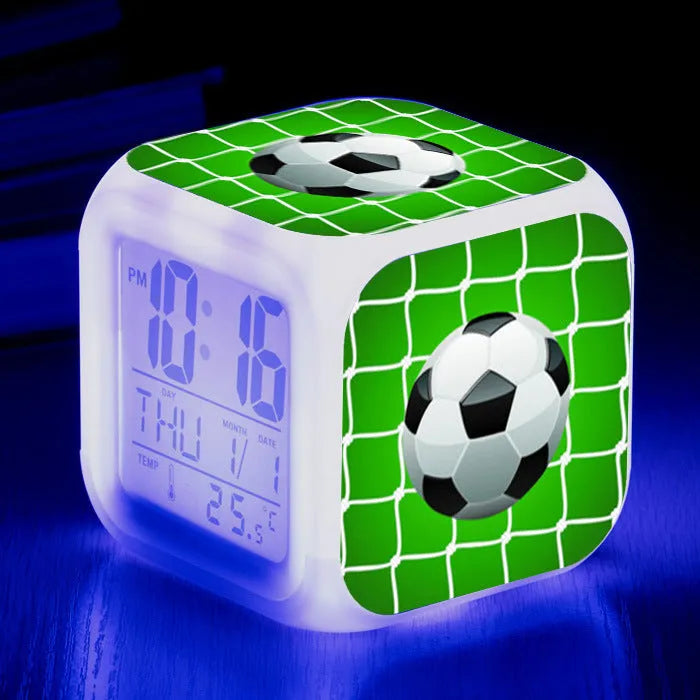 Colourful cartoon football pattern square alarm clock with mute function and USB cable