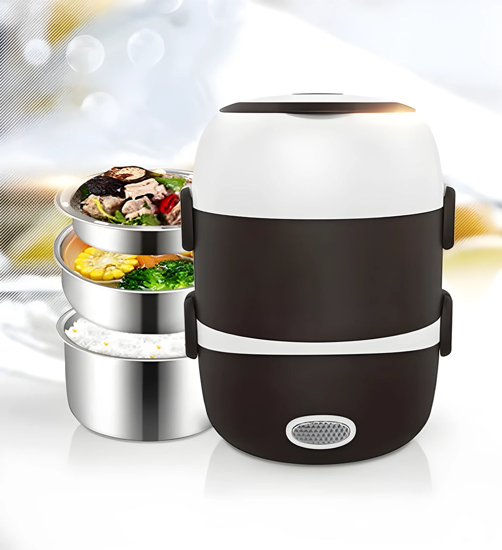 A compact cubic USB-powered lunch box showing two-layer and three-layer capacity options for portable food heating.