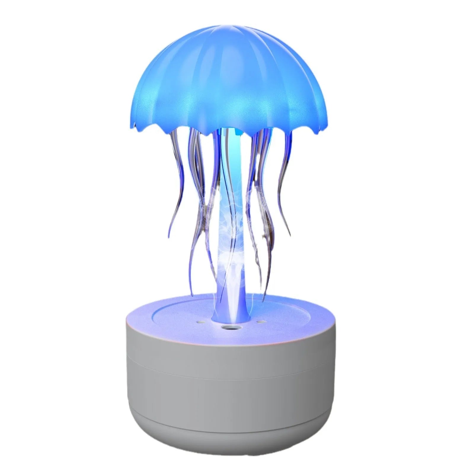 White jellyfish humidifier diffuser with colourful night light on desktop