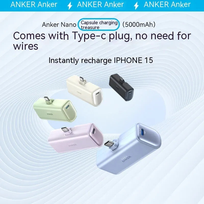 Compact capsule-shaped power bank in various colours with a fold-out USB-C cable