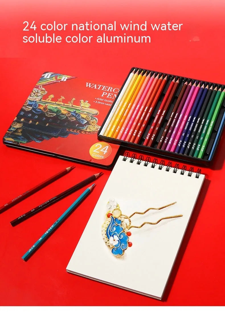 Metal tin open to show 24 water-soluble coloured pencils with brush tips.