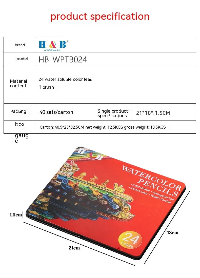 Metal tin open to show 24 water-soluble coloured pencils with brush tips.