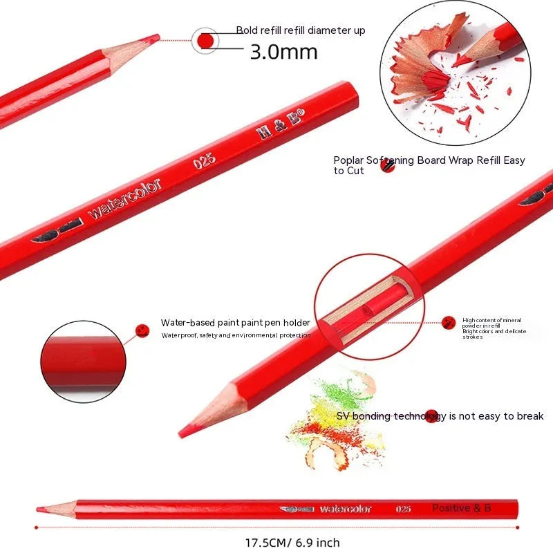 Metal tin open to show 24 water-soluble coloured pencils with brush tips.