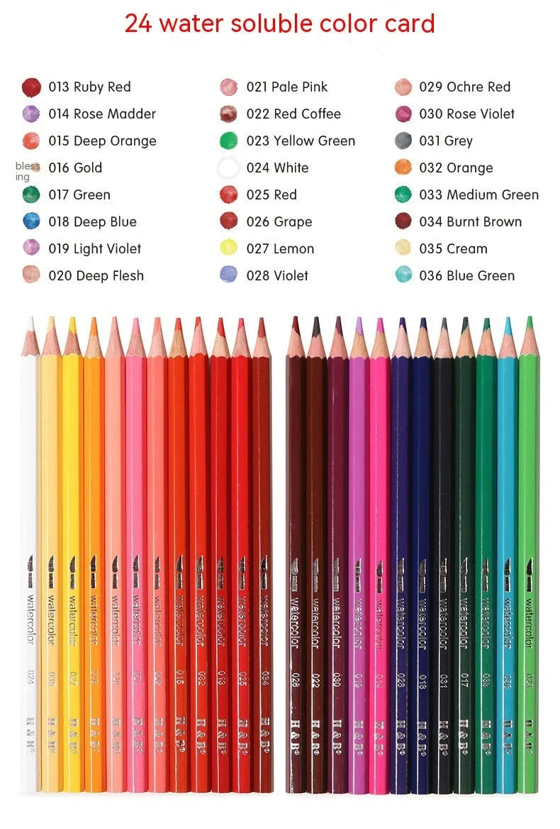 Metal tin open to show 24 water-soluble coloured pencils with brush tips.
