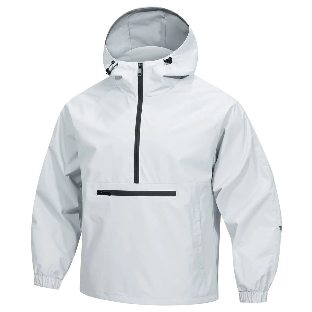 Men's light grey corduroy half-zip hooded sweater jacket with rabbit fur blend fabric in loose Korean-style fit