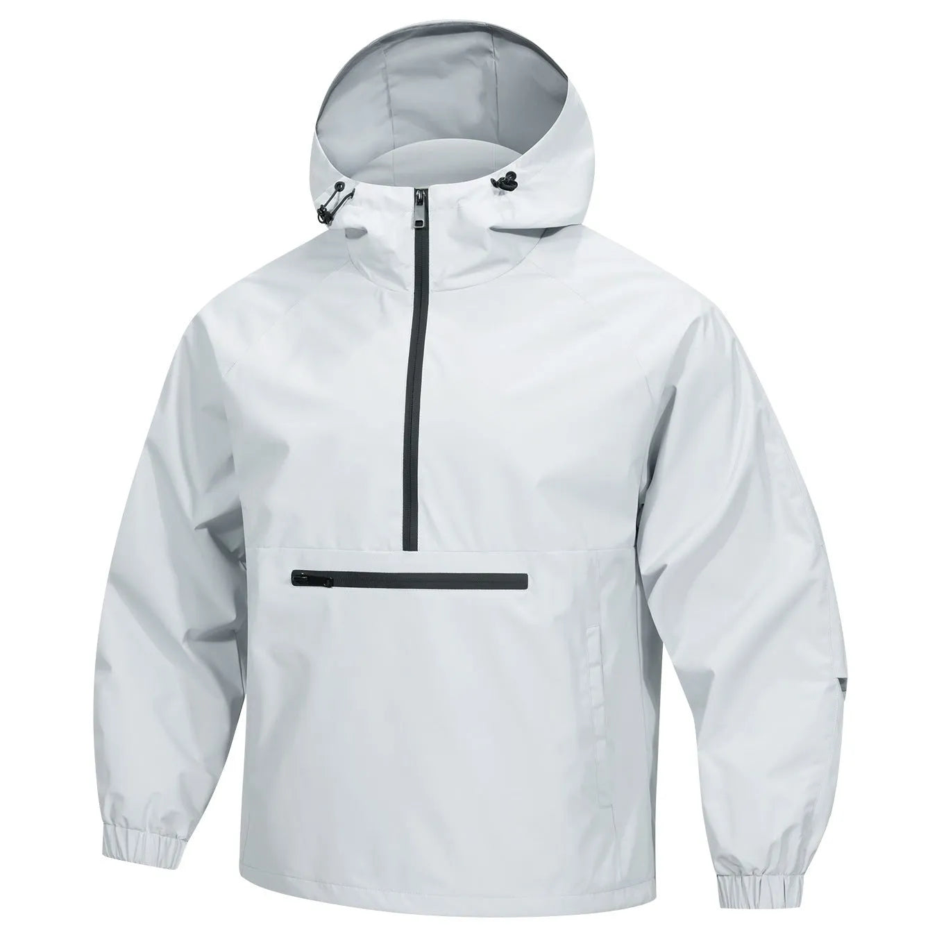 Men's light grey corduroy half-zip hooded sweater jacket with rabbit fur blend fabric in loose Korean-style fit
