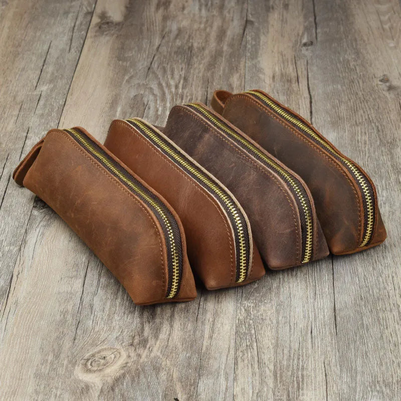 Square cowhide leather pencil case with zipper showing black colour option