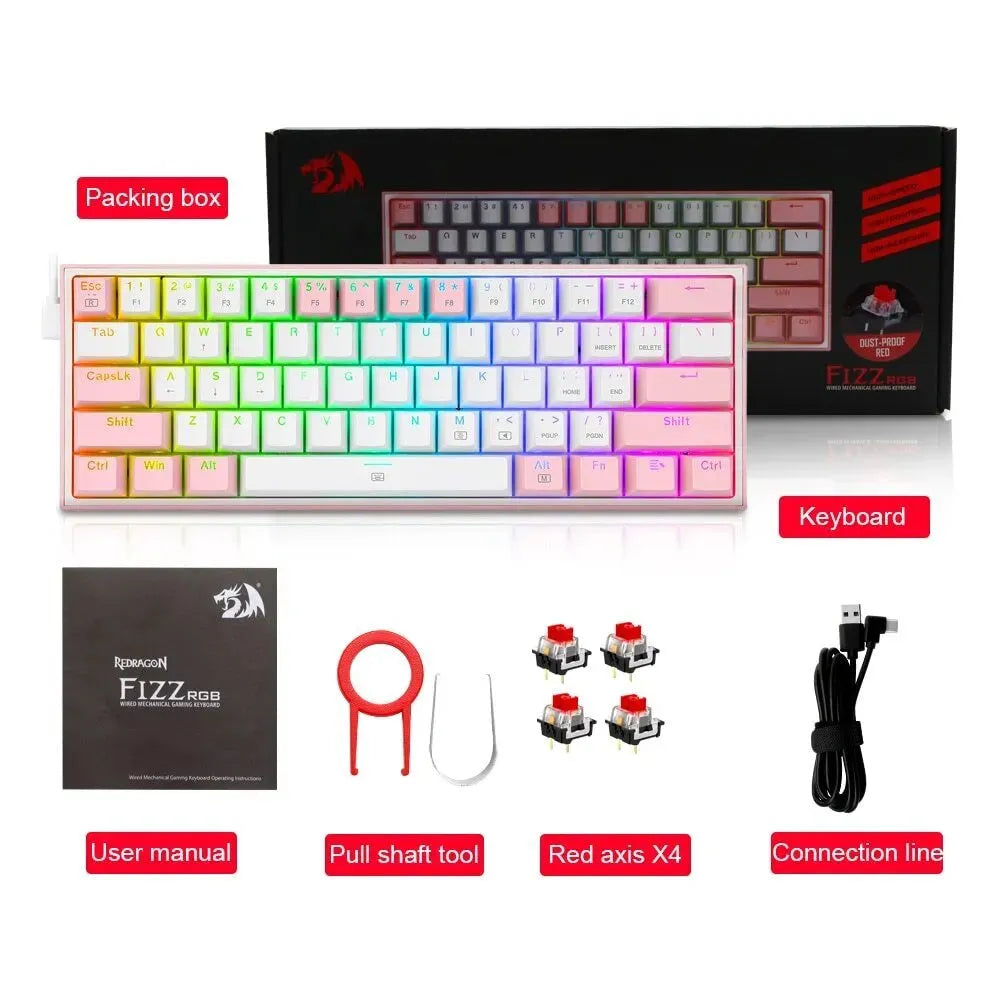 White and pink wired mechanical keyboard with RGB backlighting on dual keycaps.