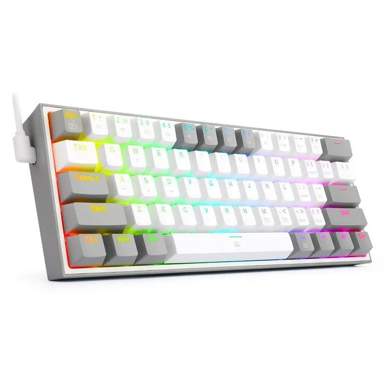 White and pink wired mechanical keyboard with RGB backlighting on dual keycaps.