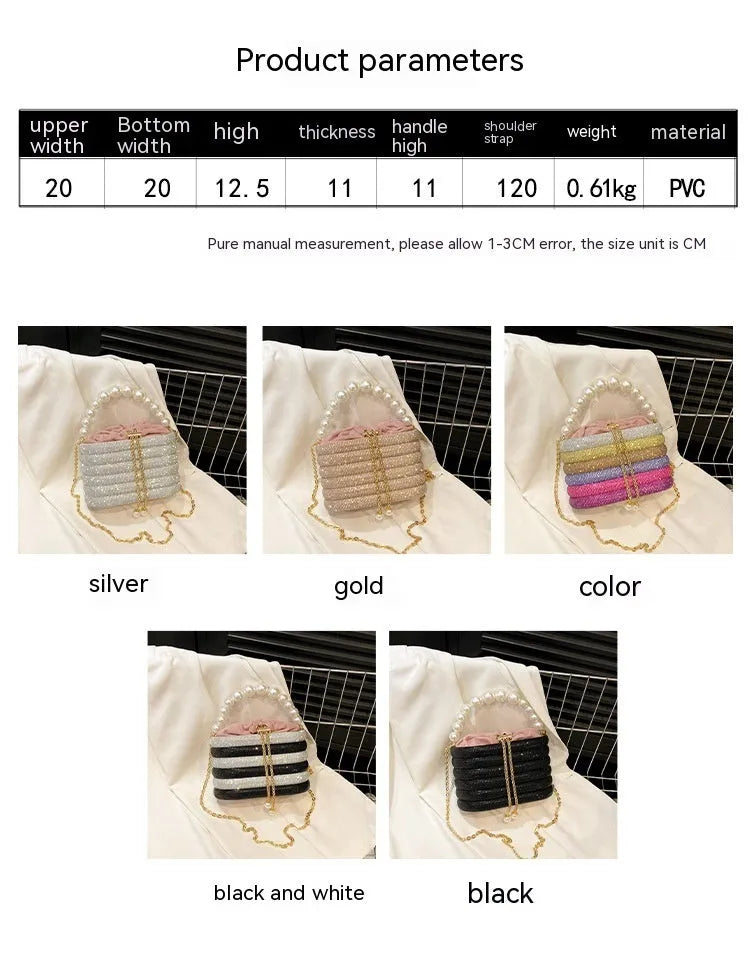 Round women's crossbody bag in PU leather with pearl bead decoration and single shoulder strap